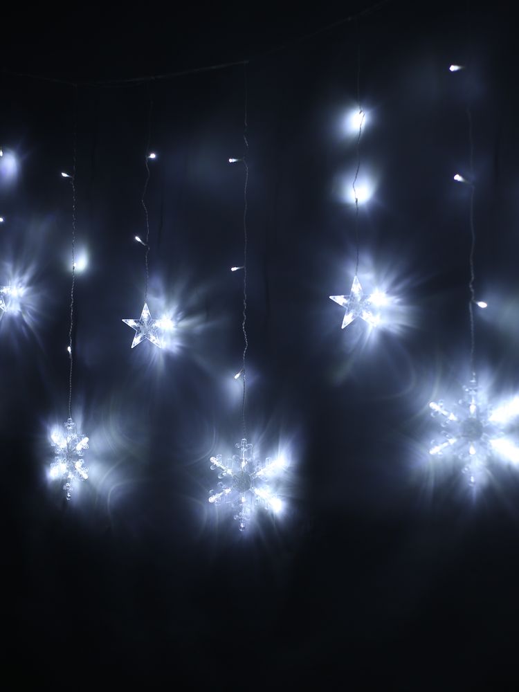 Светодиодная гирлянда "Снежинки и звезды" (12 штук) 6 больших, 6 маленьких, хол.белый,3м, с перех/30